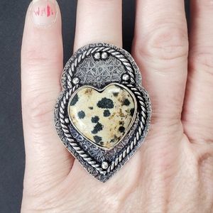 New Heart Shaped Dalmatian Jasper 925 Silver Statement Ring.